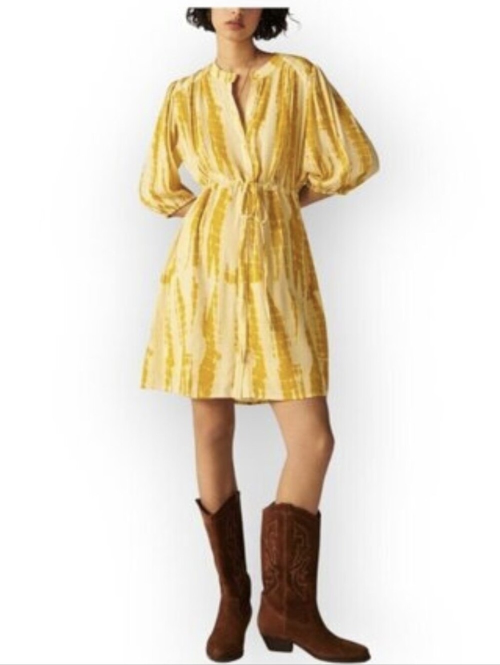 ba&sh Ochre Yellow Boho Viscose Crepe Mini Dress Size 2 EUC Wedding Guest Chic